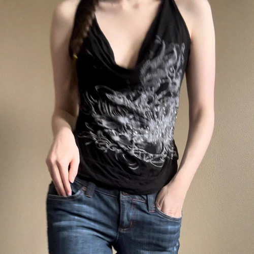 2025 European and American Women's Retro Print Swing Collar Backless Top with Two-Way Design, One-Shoulder Sleeveless Slimming Stylish Top