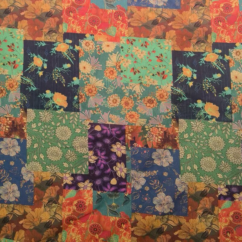 Cotton and Linen Printed Fabric Splicing Printed Asymmetrical Patchwork Women's Clothing Dress Ethnic Style Handmade Fabric