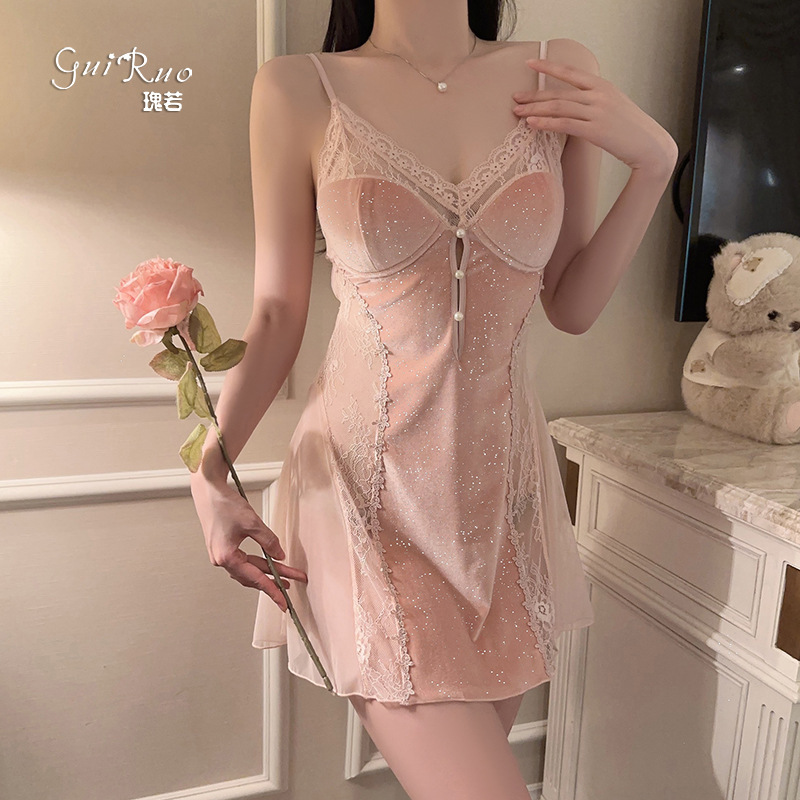 Rose Velvet See-Through Lace Deep V Seductive Sexy Backless Suspender Nightgown Robe Women's Home Wear Set C5221