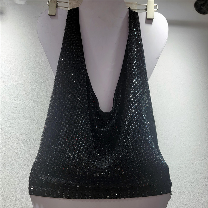 Top de Tirantes con Cuello Halter de Poliéster y Pedrería Plisado para Primavera y Verano