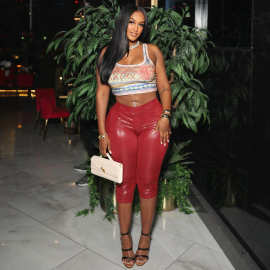 J25PT040欧美风跨境女装春夏蛇纹纯色亮面交叉松紧高腰七分休闲裤