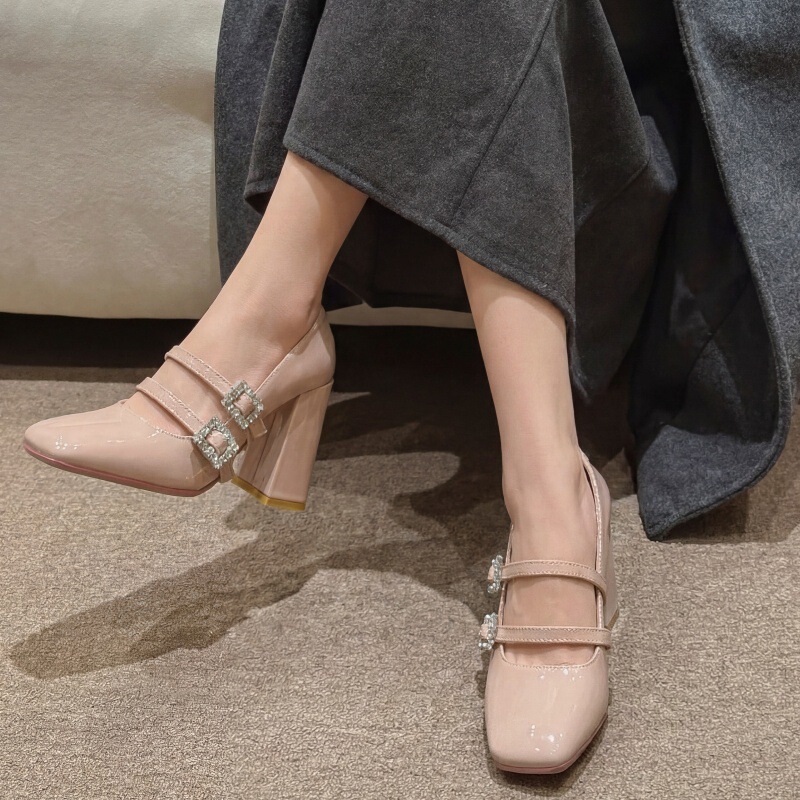 X518-Z60 Spring and Autumn New Patent Leather Square-Toe Chunky High Heel Mary Jane Women's Shoes with Height Increase 7cm Double Buckle Straps X518-Z60 Spring and Autumn New Patent Leather Square-Toe Chunky High Heel Mary Jane Women's Shoes with Height Increase 7cm Double Buckle Straps