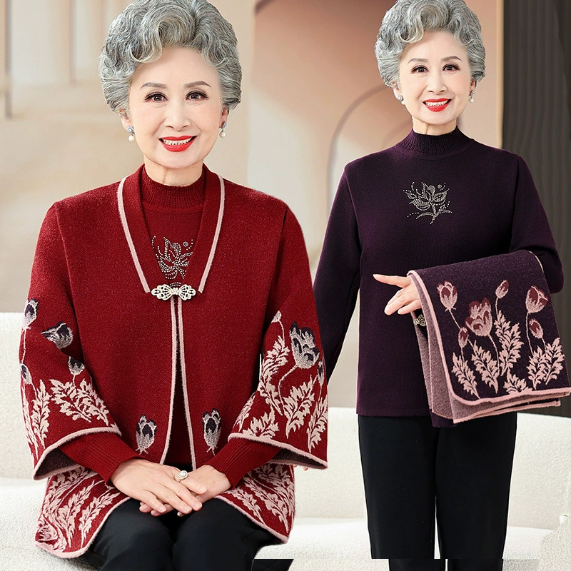 Пожилые бабуля осенний женский вязаный свитер иностранная куртка пожилая мама красный день рождения свадебный топ