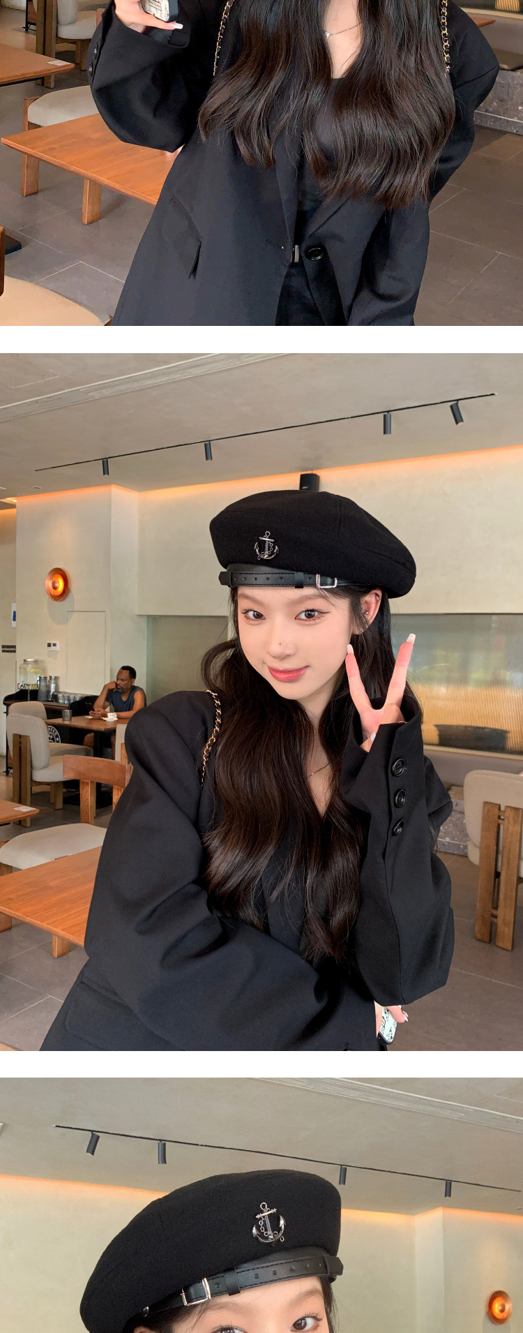 Zwarte baret Dames Herfst en Winter Knop Display Gezicht Flat Top Artist Hat Mode Net Rood ins_voghion.com