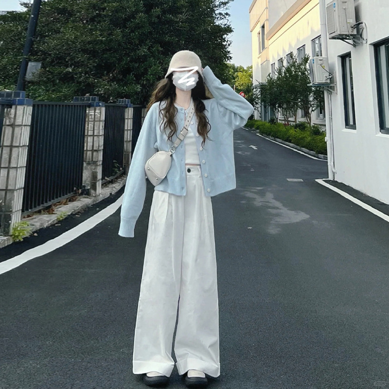 法式蓝色针织开衫女春秋新款宽松气质小个子休闲百搭软糯短款外套|undefined