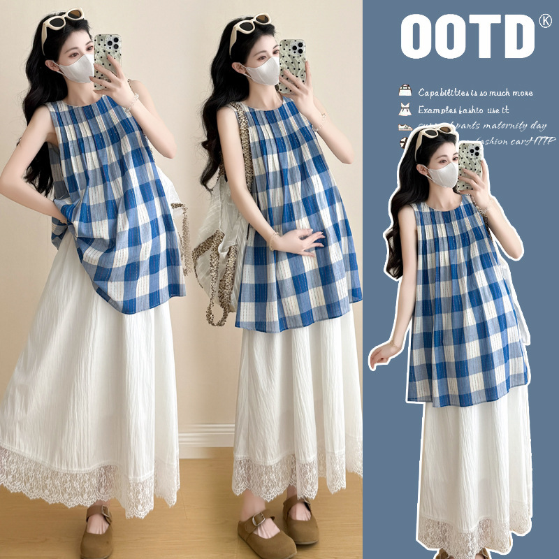 2025 Summer Maternity Clothes New Plaid Korean Fashion Loose A-Line Skirt Pregnant Women Suit