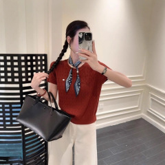 小标氛围感圆领麻花复古简约短袖t恤女2025后背镂空新款套头针织