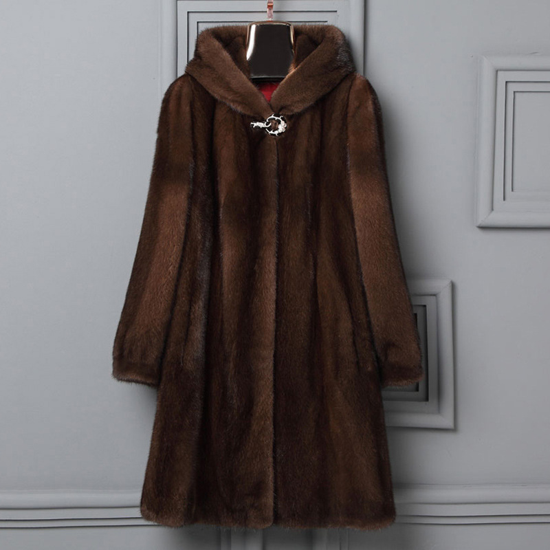 Autumn and Winter New Fur Coat High Imitation Mink Coat Women's Long Haining Whole Mink Mink Fur Hooded Casual