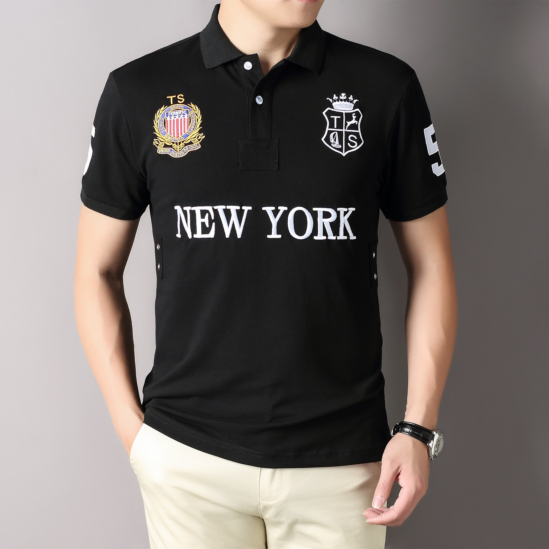New Polo Shirt Men's Pure Cotton Embroidered Short Sleeved Casual Sports Black Minimalist Loose Fit Plus Size_voghion.com