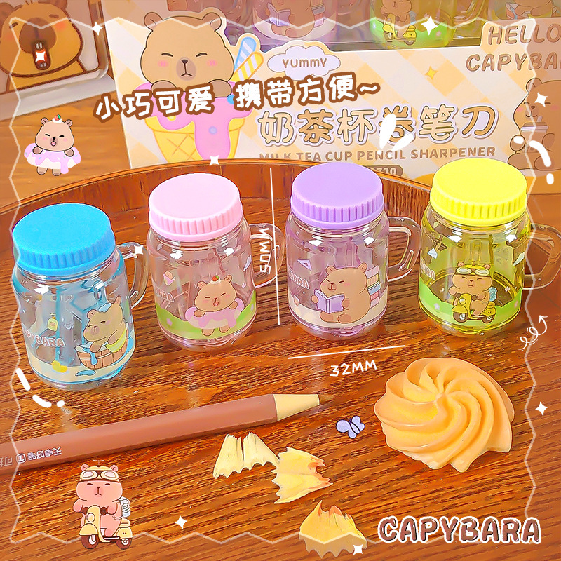 Kapibala taza de té con leche sacapuntas dibujos animados lindo portátil mini sacapuntas estudiante manual de un solo orificio