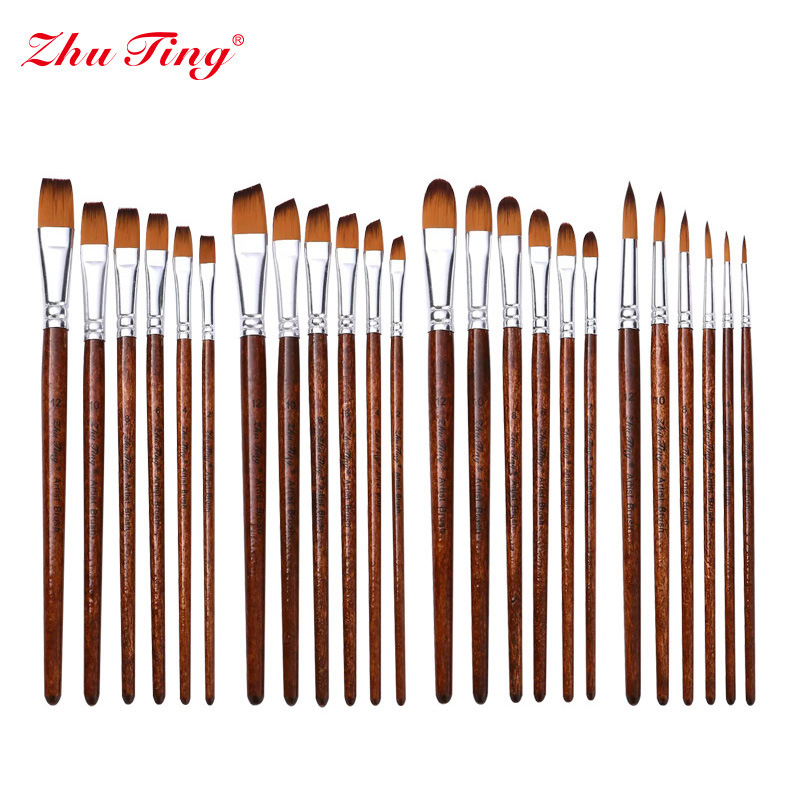 High-Quality Wooden 6-Pack Art Basic Set Brown Water Chalk Acrylic Brush Nylon Hair Oil Brush