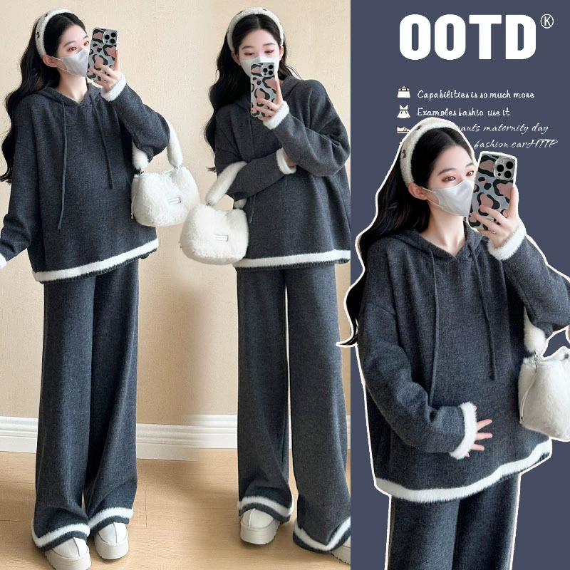 2024 беременная мама осень зима мягкий клейкий модный свитер повседневная шапка брюки стильный набор