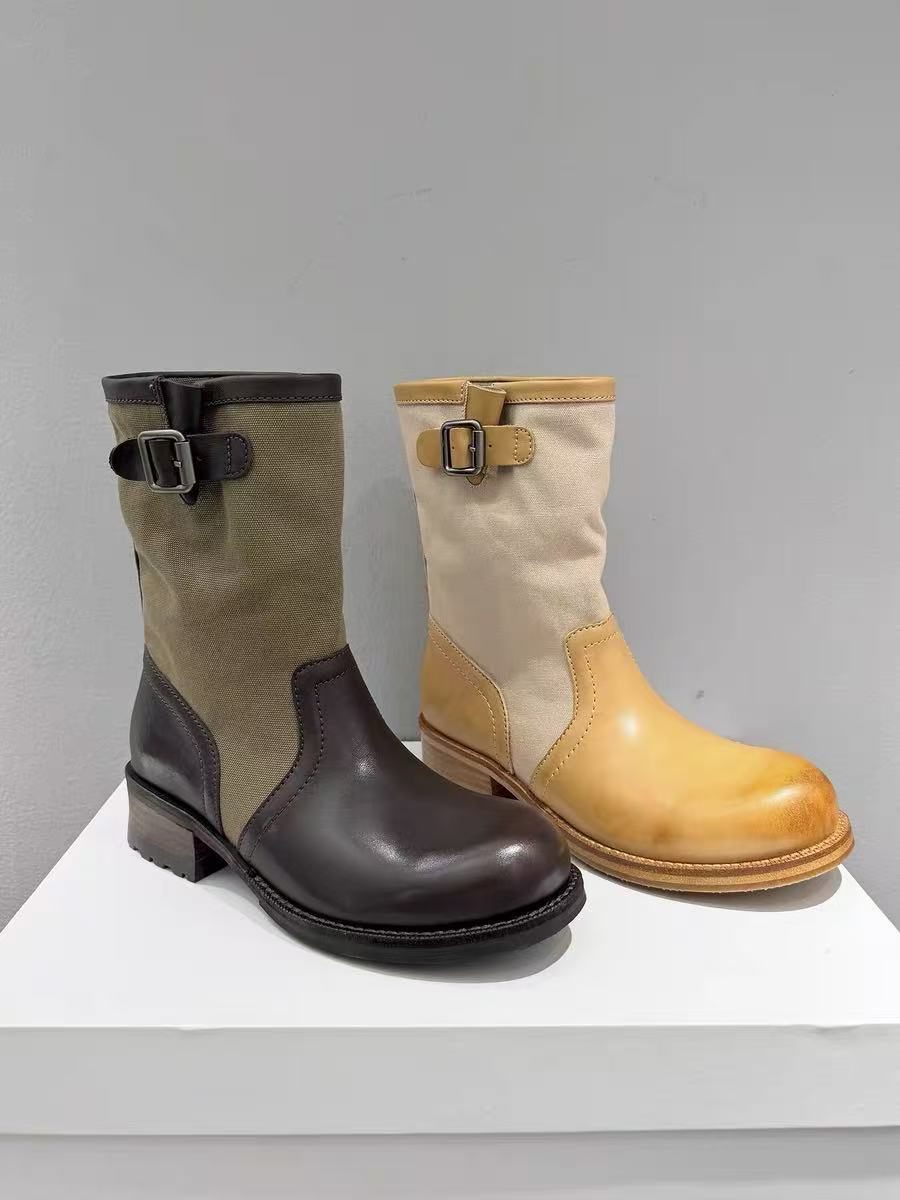 4cm Lift Buckle Detail Round Toe Chunky Heel Riding Boots For Women - Stackable Mid-Calf Boots Distinctive Buckle Accent_vogvips.com