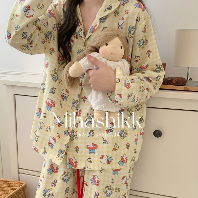 Mihashikk Katie Kitty Pussy Pajamas Women Spring and Autumn Cotton Scrub Plaid Long Sleeve Trousers Home Clothes suit