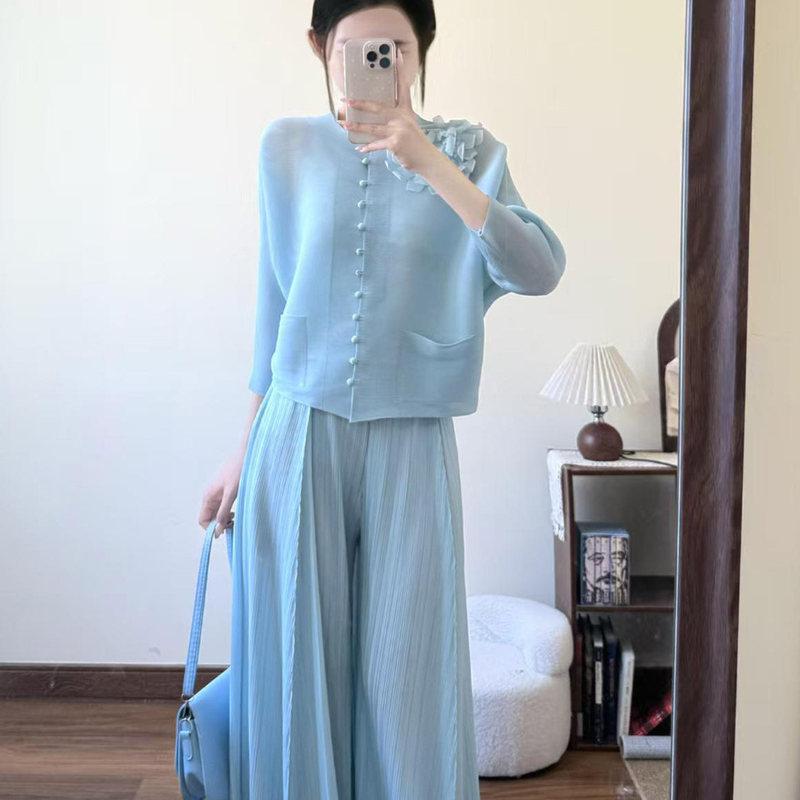 Miyake Pleated High-End New Style Fresh Chinese-Style Top Short-Length Elegant Loose Casual Pants Fashionable Women's Set