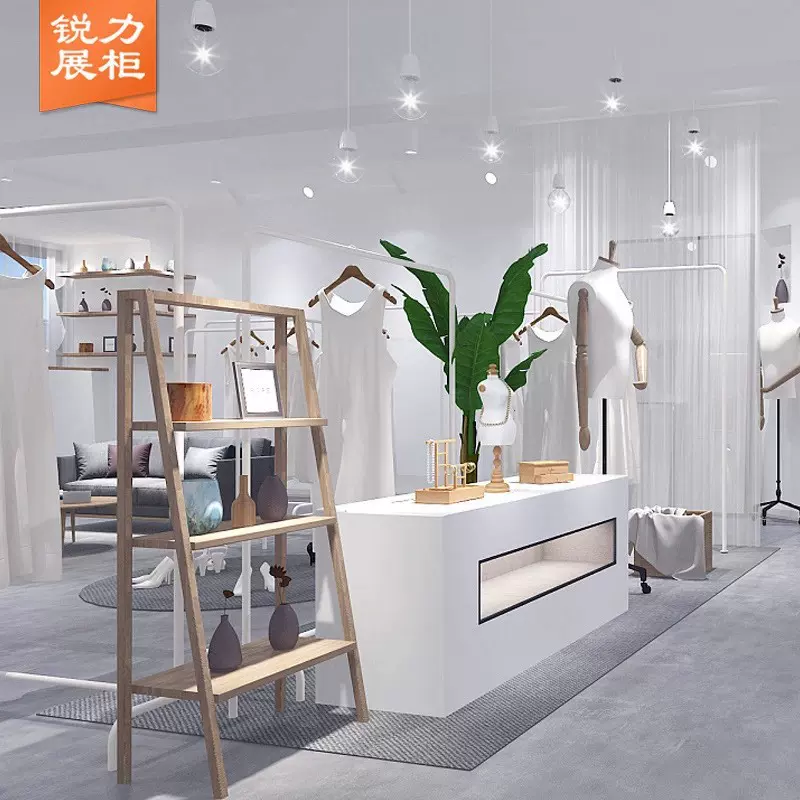 女装靠墙中岛简单落地陈列架白色衣服展示架层板组合流水展示潮流