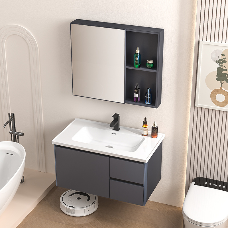 Gabinete de baño de aluminio espacial nórdico todo en una bañera cerámica colgada de pared tipo espejo gabinete combinado inodoro a prueba de agua almacenamiento de lavado