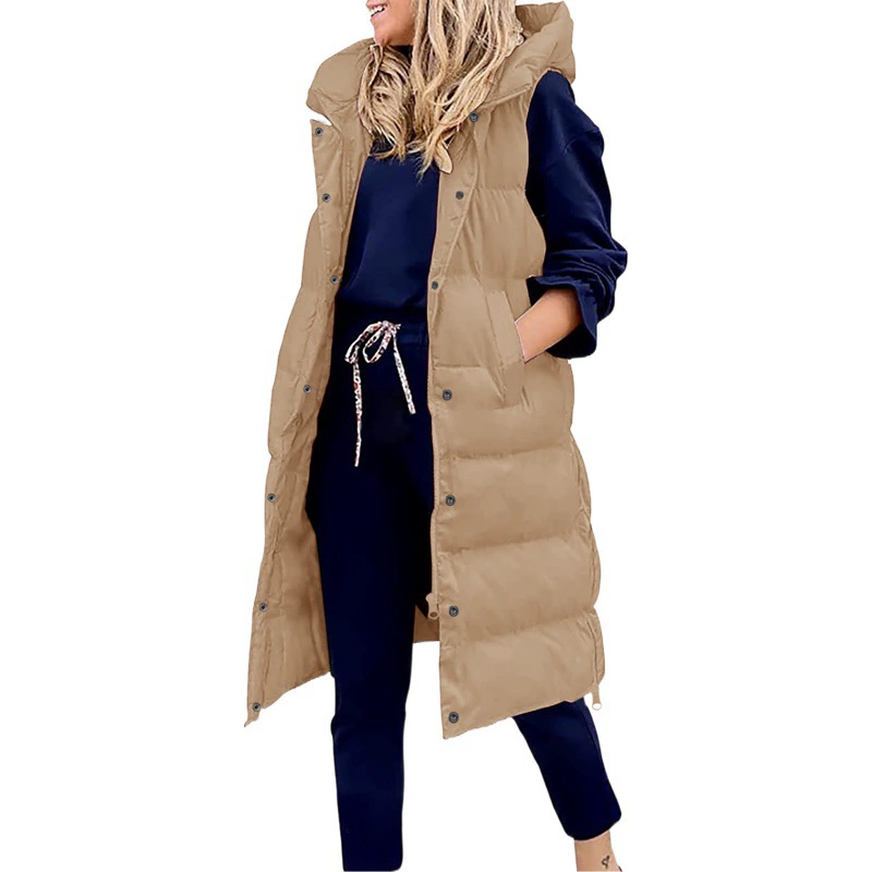 Трансграничный европейский и американский Новый Модный повседневный однотонный приталенный элегантный кардиган без рукавов с капюшоном, длинная куртка с хлопковой подкладкой, лошадь