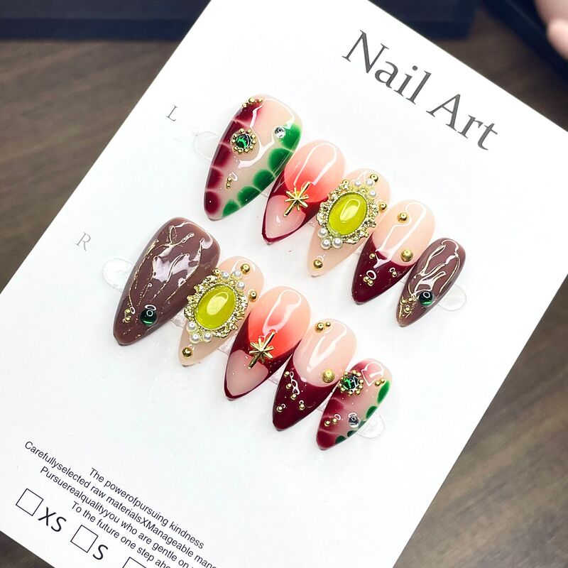 New Style Glass Beads and Jade Nail Art, Pure Handmade, Vintage Wine Red Gradient, Metallic Star, Pearl and Diamond Embellishments, Luxury Wearable Nails