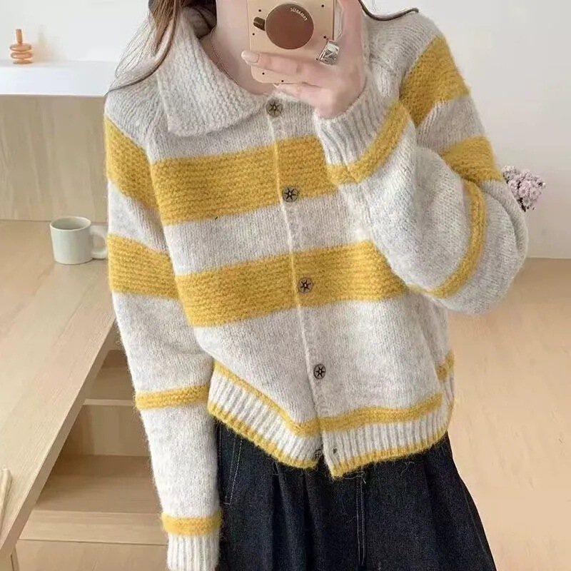 秋冬新款韩系撞色百搭设计翻领条纹休闲宽松慵懒风毛织开衫外套女|undefined