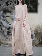 25夏季纯色无袖全棉连衣裙宽松休闲大摆棉麻出褶背心裙4色