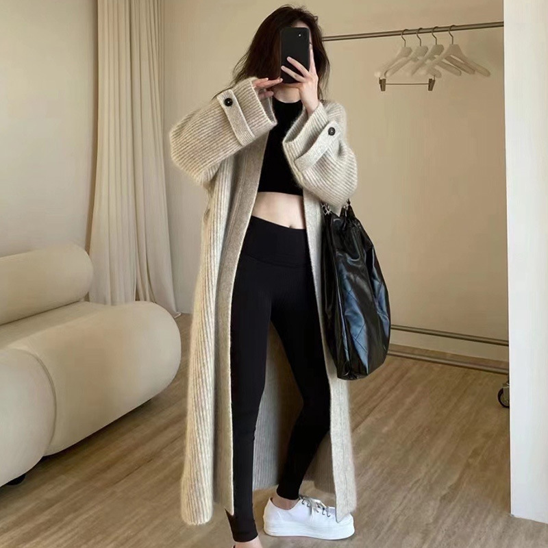 韩国法式高级感V领软糯亲肤针织开衫宽松过膝长款毛衣外套女|undefined