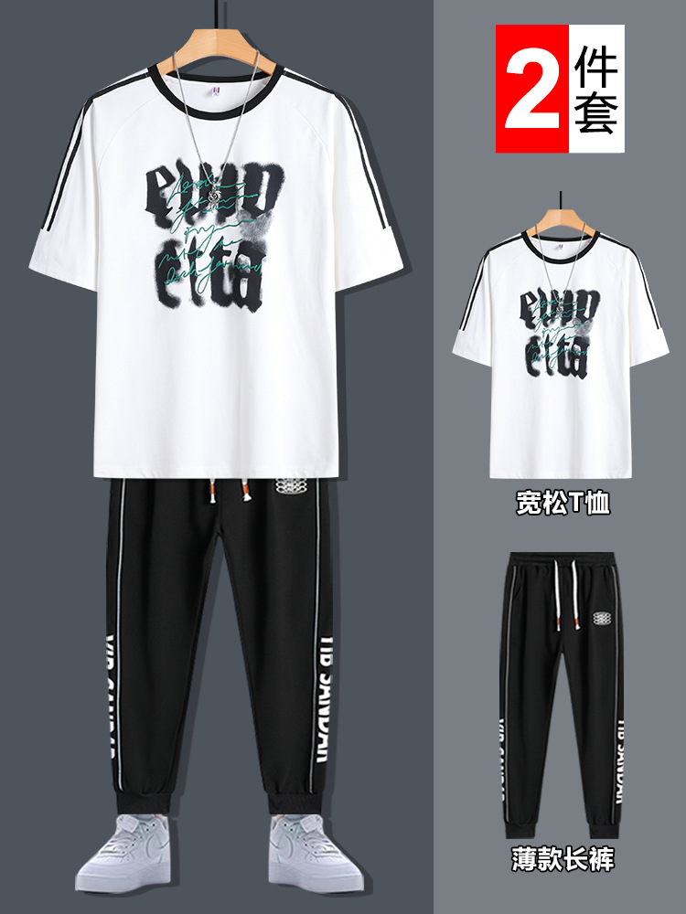 Hombres de manga corta moda adolescente de verano guapo impresión de cuello redondo camiseta relajada juego de deportes casuales de dos piezas
