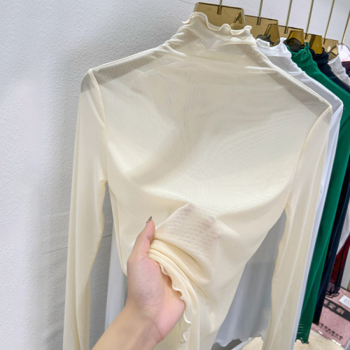 Ruffled High-Neck Sheer Mesh Base Top for Women | Thin Mesh Blouse for Layering, Fitted Lace Top with Inner Lining—Perfect for Spring