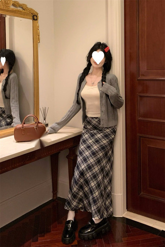 Plus Size Women's Straight Leg Pencil Skirt Set with Blouse - Vintage Blue Striped Long Skirt