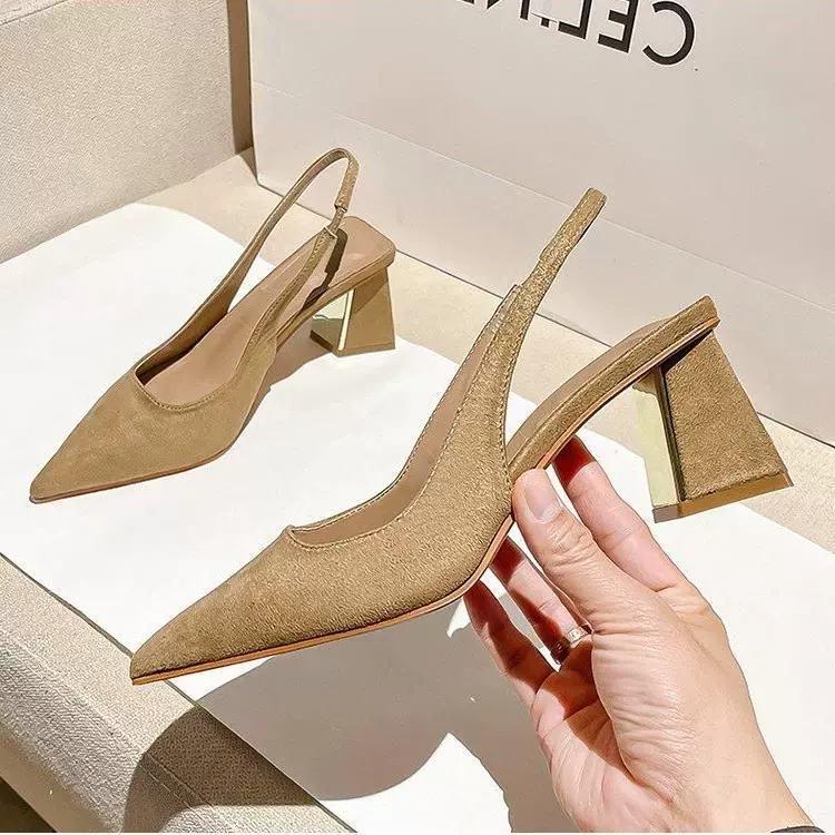 Замшевые сандалии с закрытым носком для женщин 2023 летние новые туфли на высоком каблуке с мелким ртом и открытой спиной с острым носком на массивном каблуке модные туфли на открытом каблуке