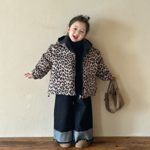 2024 New Winter Style Korean Style Girls Leopard Print Double-Sided down Cotton 50 Velvet Warm Jacket Retro Niche