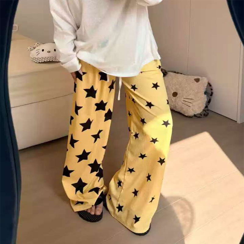 Asymmetrical Two-Tone Star Graffiti Ice Silk Ribbed Wide-Leg Pants for Women, Spring and Summer Thin Casual Straight Pants Asymmetrical Two-Tone Star Graffiti Ice Silk Ribbed Wide-Leg Pants for Women, Spring and Summer Thin Casual Straight Pants