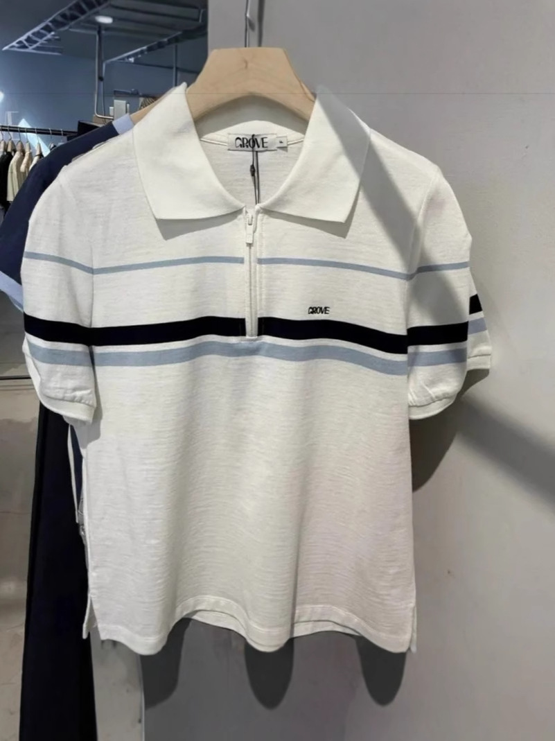 スポット韓国東大門サマーグローブラペルハーフジップコントラストカラーストライプ半袖ポロシャツTシャツレディーススリムフィット