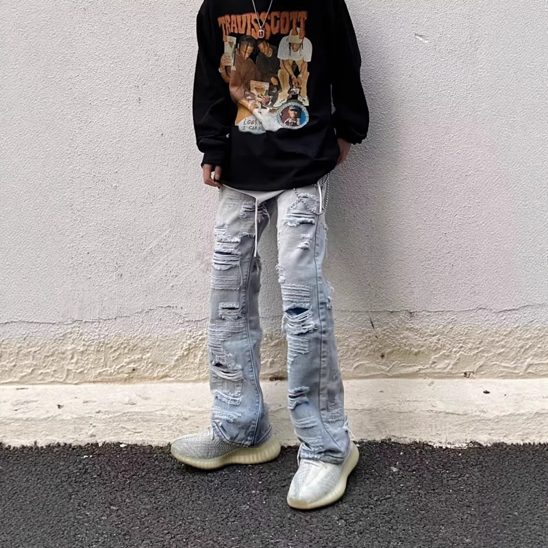 Cross-Border Aliexpress Amazon Foreign Trade Fashion Jeans Men's New Style Stretch Patch Layered Straight Long Pants