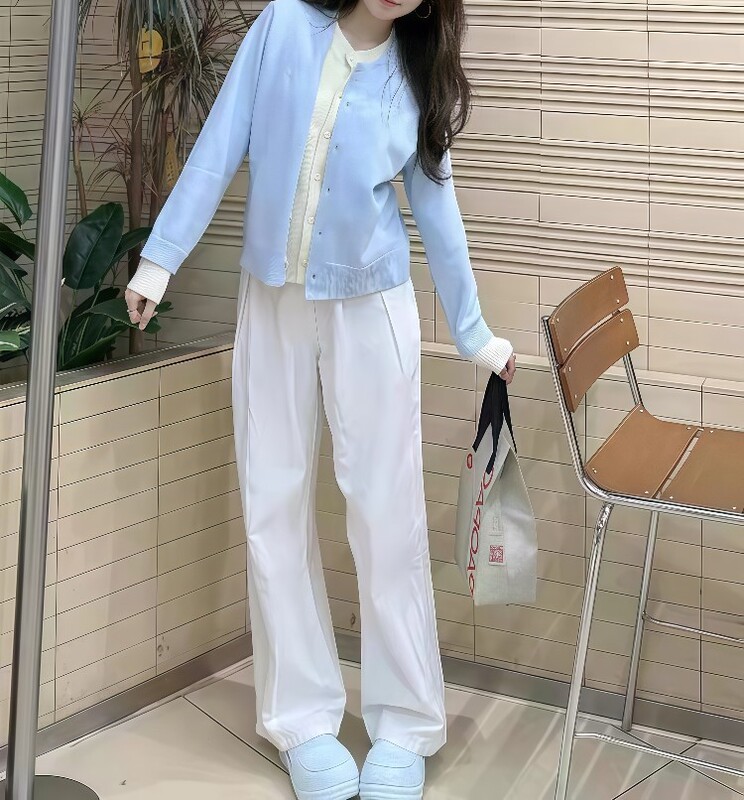 秋季小个子茶系穿搭假两件针织开衫牛仔阔腿裤时尚设计感两件套装|undefined