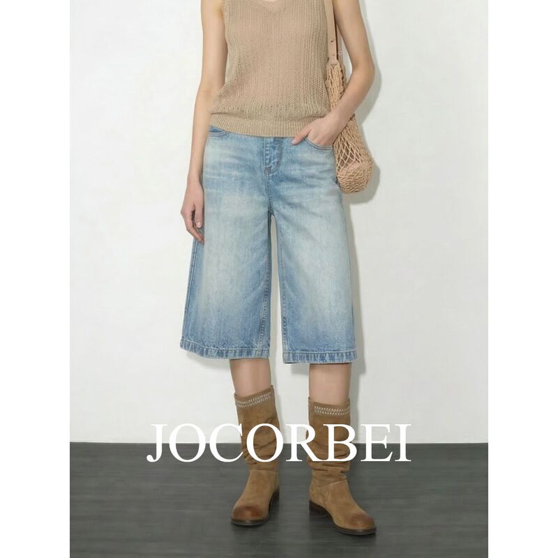 Jocorbei【Retro Revival】Lightly Washed Vintage-Style Three-Dimensional Whiskered Loose Wide-Leg Cropped Denim Shorts for Women Jocorbei【Retro Revival】Lightly Washed Vintage-Style Three-Dimensional Whiskered Loose Wide-Leg Cropped Denim Shorts for Women