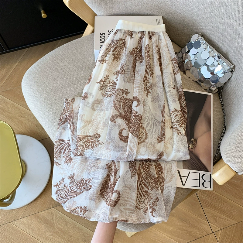 Настоящая фотография французской ретро-шифоновой юбки с принтом в стиле «старые деньги» для женщин, летняя драпированная длинная юбка с высокой талией, юбка А-силуэта