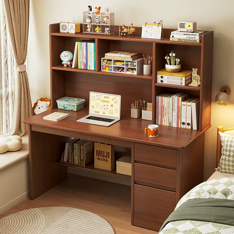 实木芯书桌家用学生学习桌写字桌简易书架一体桌卧室电脑桌办公桌