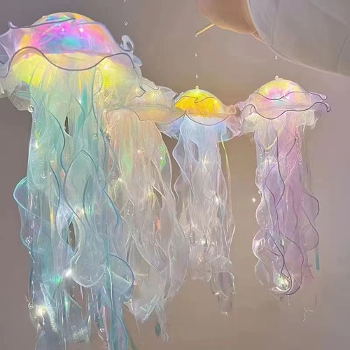 New Style Handheld Glowing Jellyfish Lantern with Colorful Ribbons and Flash Lights, Street Stall Night Market Octopus Jellyfish Lamp Wholesale