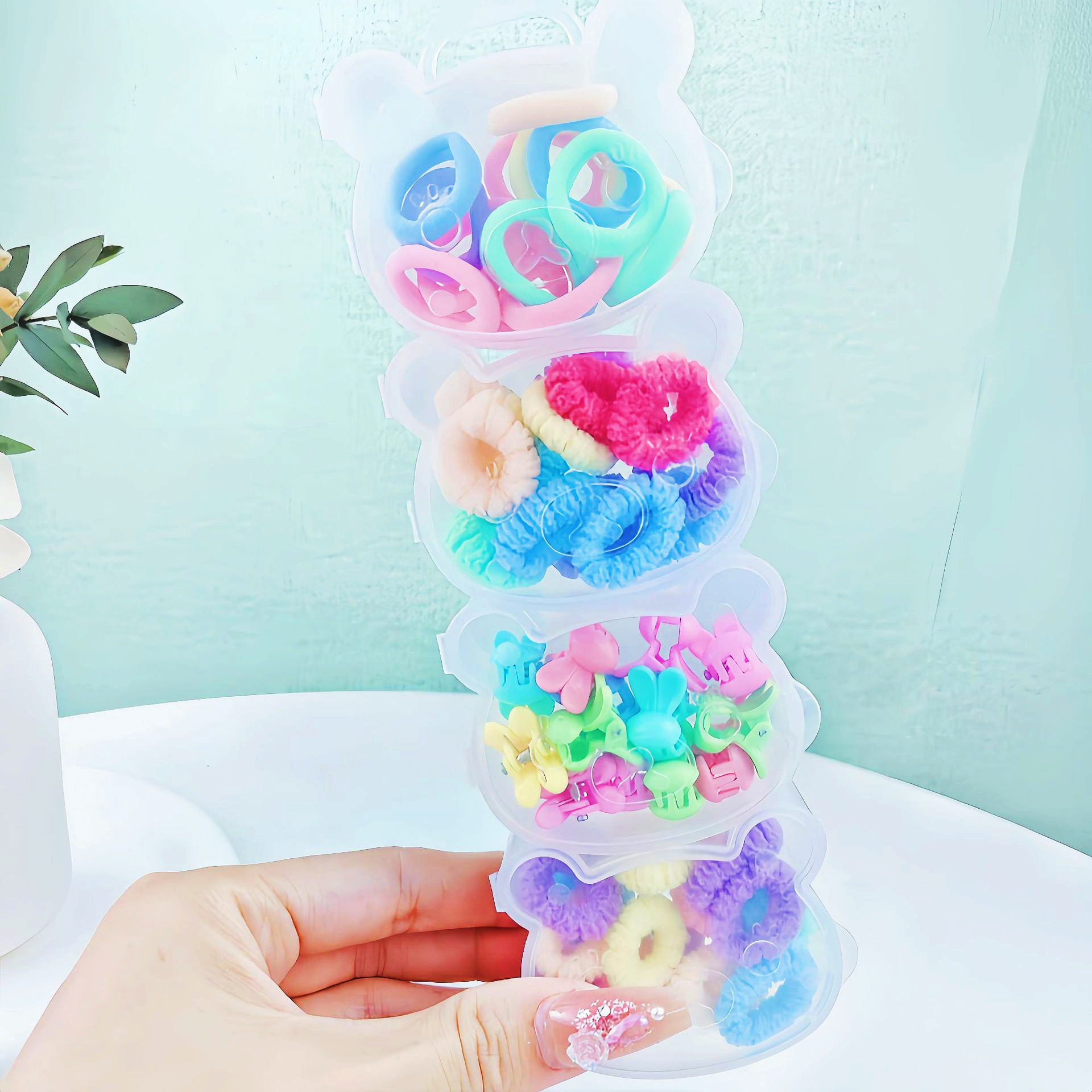Base coreana para el cabello de los niños, toalla de banda de goma, anillo de cabello para niños pequeños, anillo de cabello de caja de color, joyas de cabello de cuerda