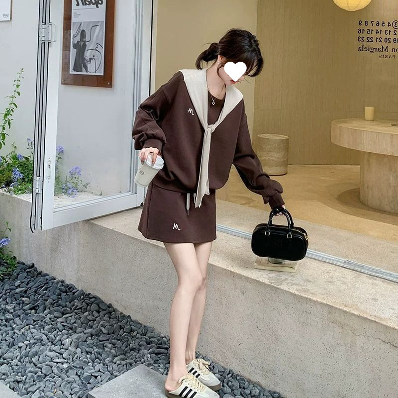 可盐可甜披肩卫衣套装裙女2025秋新款韩系设计感圆领上衣显瘦短裙|undefined