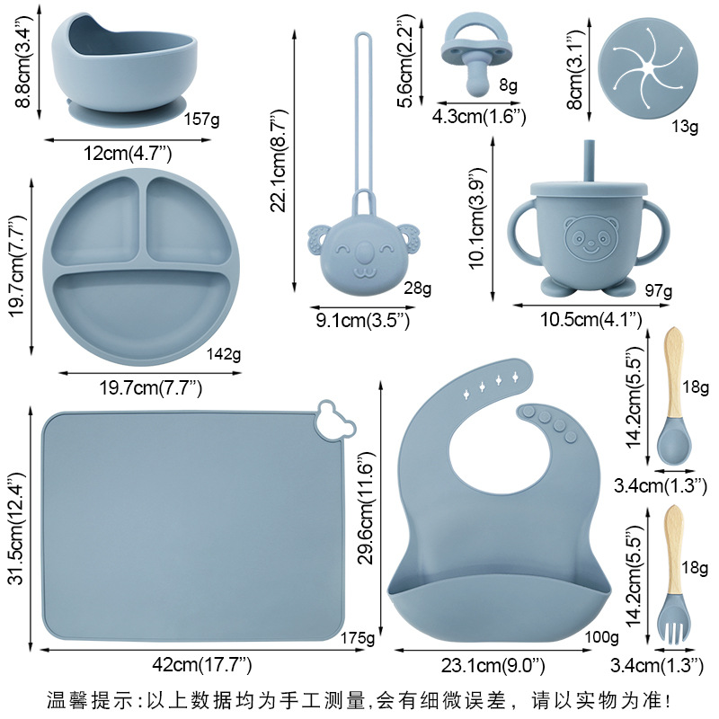 Juego de vajilla de silicona de una pieza, juego de diez piezas, plato de alimentación complementaria para bebés de seis meses, tazón de alimentación independiente para bebés