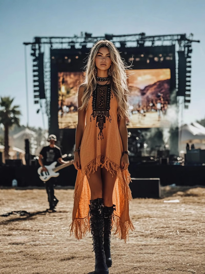 Women's Vintage Western Denim Style Casual Stitched Fringe Dress_ecoleips.com