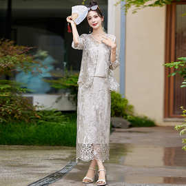 蕾丝小香风连衣裙女夏季2025新款气质名媛高端洋气遮肉套装三件套