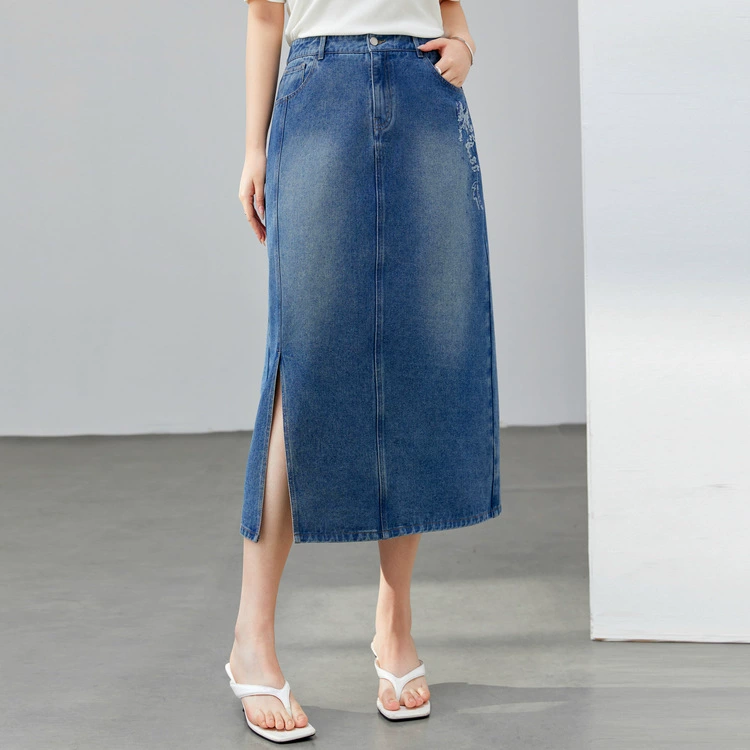 [Модный ретро вышивка дизайн чувствуется с открытой вилкой юбка] Funny Show большой размер женский толстый mm2025 весенний новый