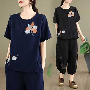 Actual Shot of Mom's Summer Short-Sleeved Suit 2025 New Style Top for Middle-Aged and Elderly Women Cotton and Linen T-Shirt Two-Piece Set