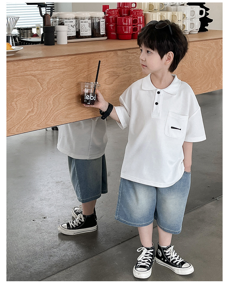 New 2024 Summer boys' polo shirt embroidered fish waistcoat short sleeve casual style summer refreshing handsome top