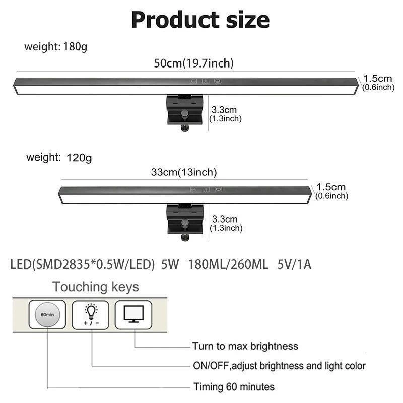 Eye-Care LED Desk Lamp for Monitors, 50cm Adjustable Screen Light for Computer and PC