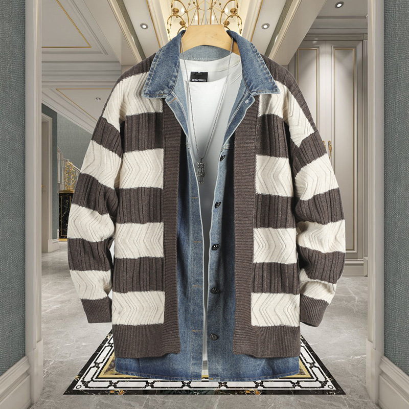 Denim Stitching Fake Two-Piece Cardigan Sweater Coat Men's Spring and Autumn Design Sense Knitwear Casual Loose Sweater