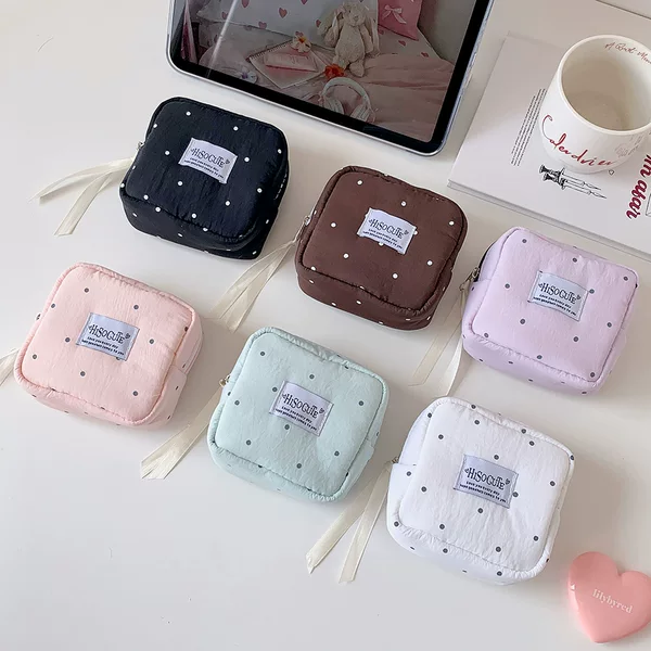 Korean Style Polka Dot Small Square Bag, Cosmetic Storage Bag, Lipstick Bag, Student Portable Earphone Bag, Multi-Functional Coin Purse